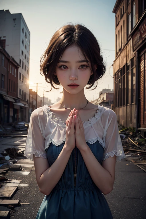 Praying Girl, Abandoned City, Double Exposure