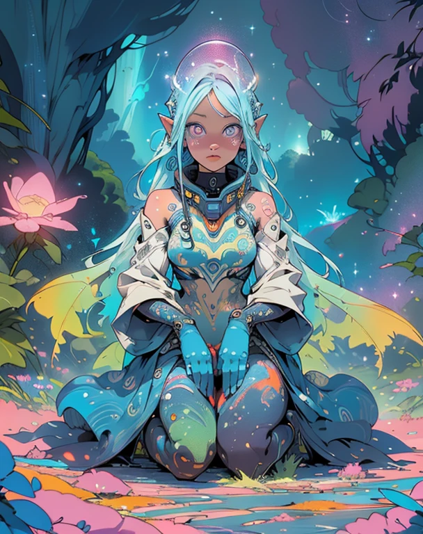 (high-res, vivid colors), blue bird alien, detailed feathers, sparkling eyes, alien landscape, vibrant colors, surreal atmosphere, glowing lights, otherworldly features, intricate patterns, dreamlike scenery