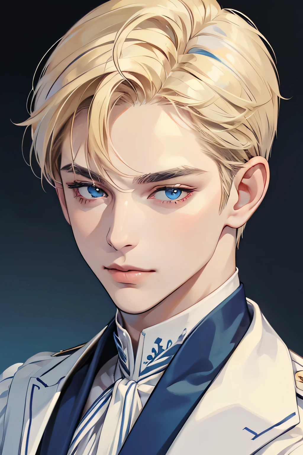masterpiece, best quality, 1man, mature male, quiet and charming young man, 25 year old, closed mouth,, extremely detailed face, closed mouth, lips nude ((blue carolina eyes)), ((short-right-blonde hair)), [thick eyebrows], handsome, half body, with royal clothess victorian, look at camera, 