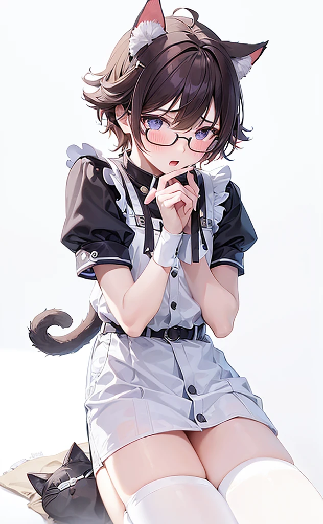 (((Boy with cat ears))), 8k, ((best quality)), 7 yease old, very cute, orange hair, (((very blush))), Wear glasses,