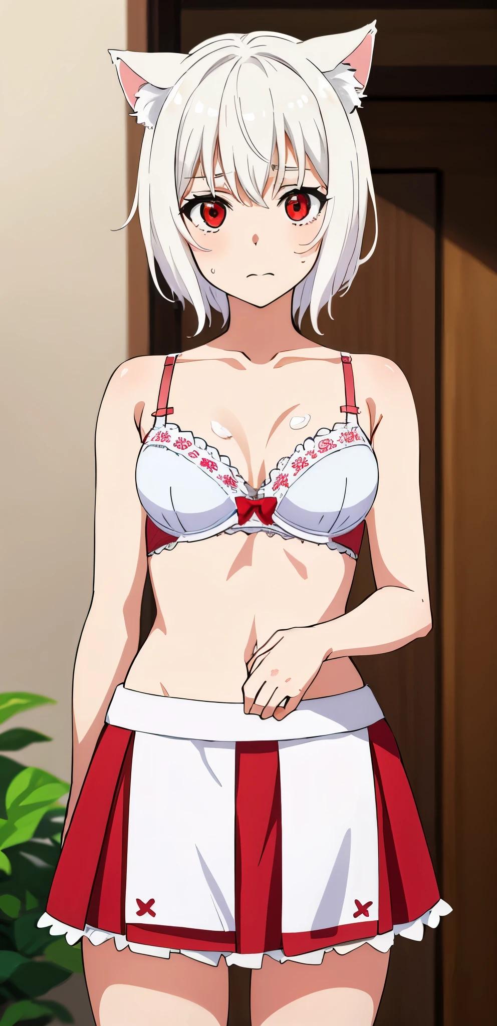 Best Quality, (Masterpiece:1.2), High Detailed, Cat Ears, 1girl, solo, tojo koneko, closed mouth, (cowboy shot), red eyes, white hair, short hair, hair decoration, erotica, sleeveless, skirt, cum,cum on face, healthy skin, ((bra)),standing, 