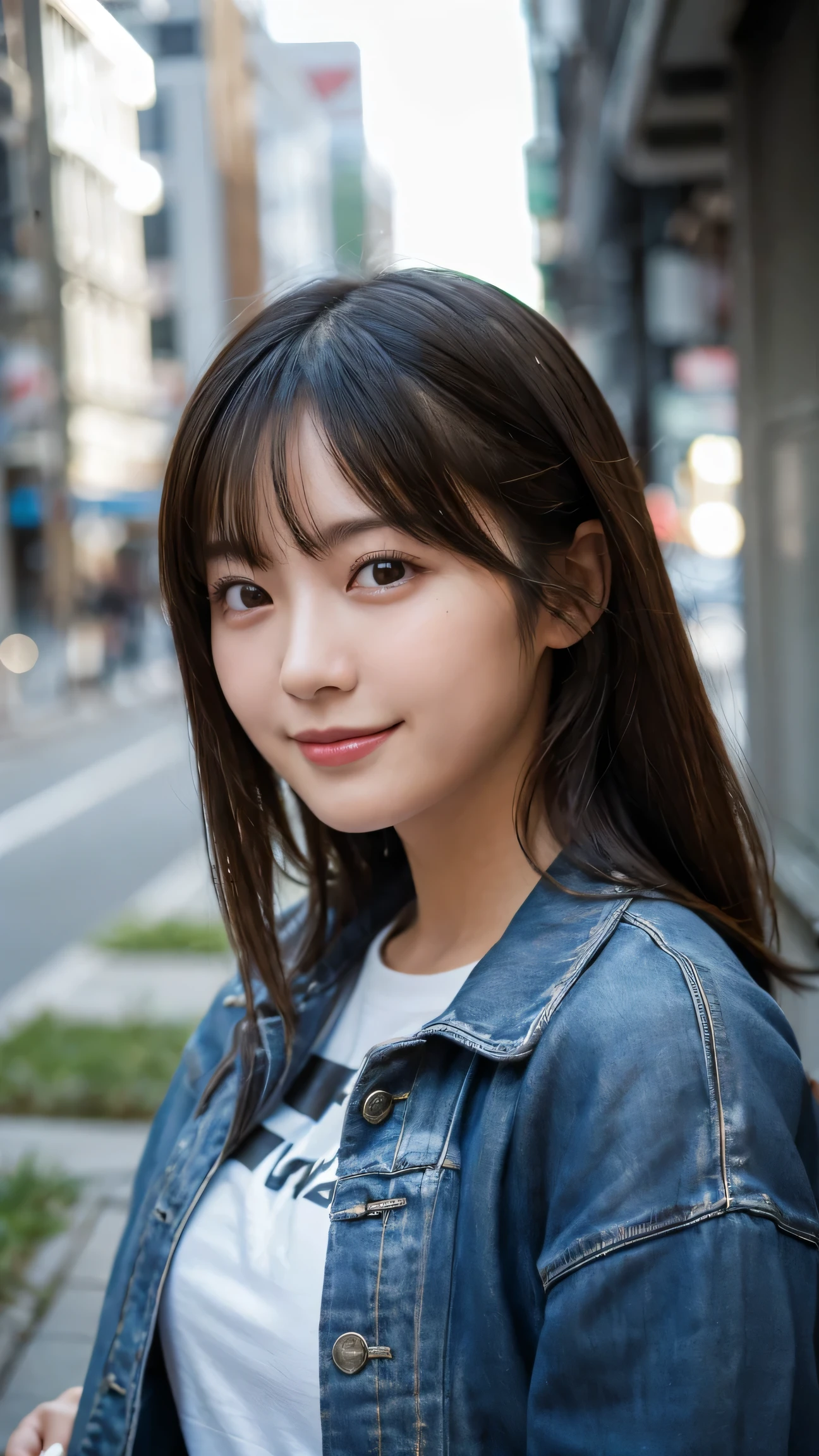(highest quality,masterpiece:1.3,ultra high resolution),(Super detailed,caustics,8k),(photorealistic:1.4,RAW shooting),1 girl,(look at the camera with a smile),20-year-old,cute,Japanese,black hair long bronde, red_leather_jacket over white cropped T-shirt,denim shorts,big ,bust up shot,street,face focus,Natural light,Backlight,(A bright light shines from above),(Lens flare),professional writing,(low position),(Low - Angle)