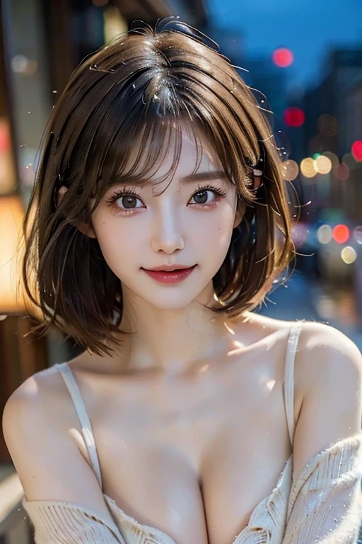 (masterpiece:1.3), (8K, Photorealsitic, Raw photography, Top image quality: 1.4), Japan high school girls、(Random hairstyles:1.2)、cleavage of the breast:1.2、Super Detail Face、Eye of Detail、double eyelid、Bring your chest together、sharp focus:1.2、prety woman:1.4、light brown hair、top-quality、masterpiece、超A high resolution、(Photorealsitic:1.4)、Highly detailed and professional lighting smile、Loose and light knitwear、slender、serious facial expression、short-haired、Fatal position、Nipples,whole body,Night view,Hotel window,