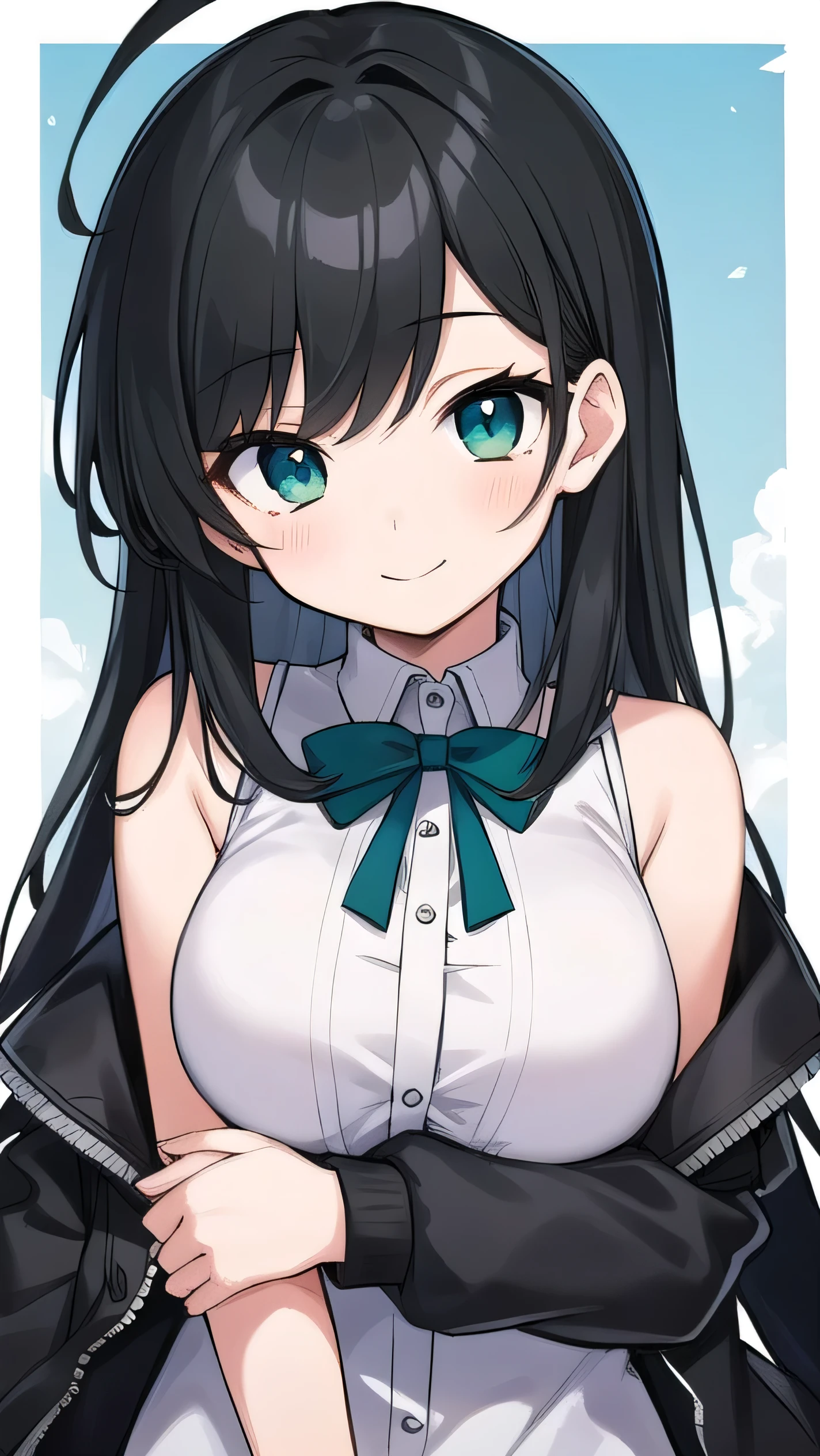 Junior high school student who looks like an elementary school student, 14 years old, very short, 140 cm tall, black hair with a slight green tinge, short ahoge, beautiful long hair but with a little hair sticking out, beautiful round eyes, blue eyes, smile, boyish, big breasts,  long hair, childish face, gentle smile, a little shy, black hair with a slight green tinge, boyish, gentle smile, jacket one size larger, ( Deep greenish black hair: 1.3)