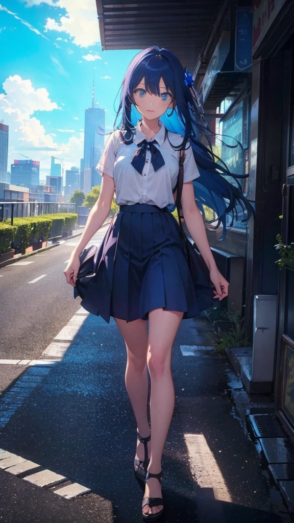 1 anime girl, alone,blue hair,Blue shining jewel eyes,Black petals flutter, A mysteriously shining butterfly.blue sky,city,Vivid blue hair,bright blue jewel eyes,thin legs,cloudy sky,very clear,highest quality,Are standing,Straight Hair,morning,Mid-length skirt,City of Sunsets,Looking up at the sky