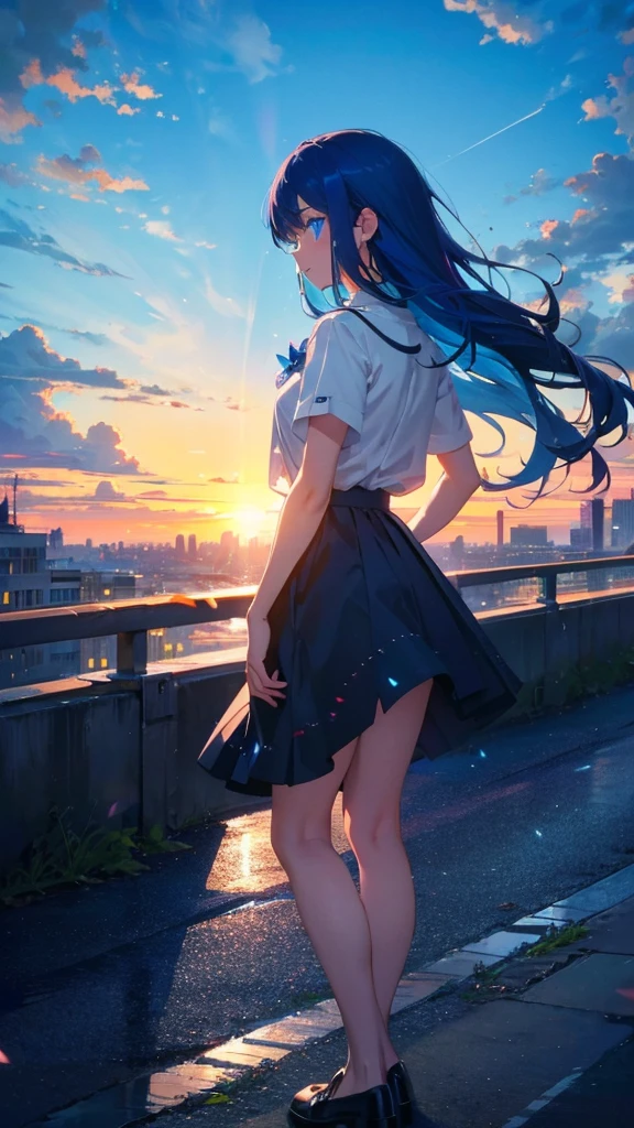 1 anime girl, alone,blue hair,Blue shining jewel eyes,Black petals flutter, A mysteriously shining butterfly.blue sky,city,Vivid blue hair,bright blue jewel eyes,thin legs,cloudy sky,very clear,highest quality,Are standing,Straight Hair,morning,Mid-length skirt,City of Sunsets,Looking up at the sky