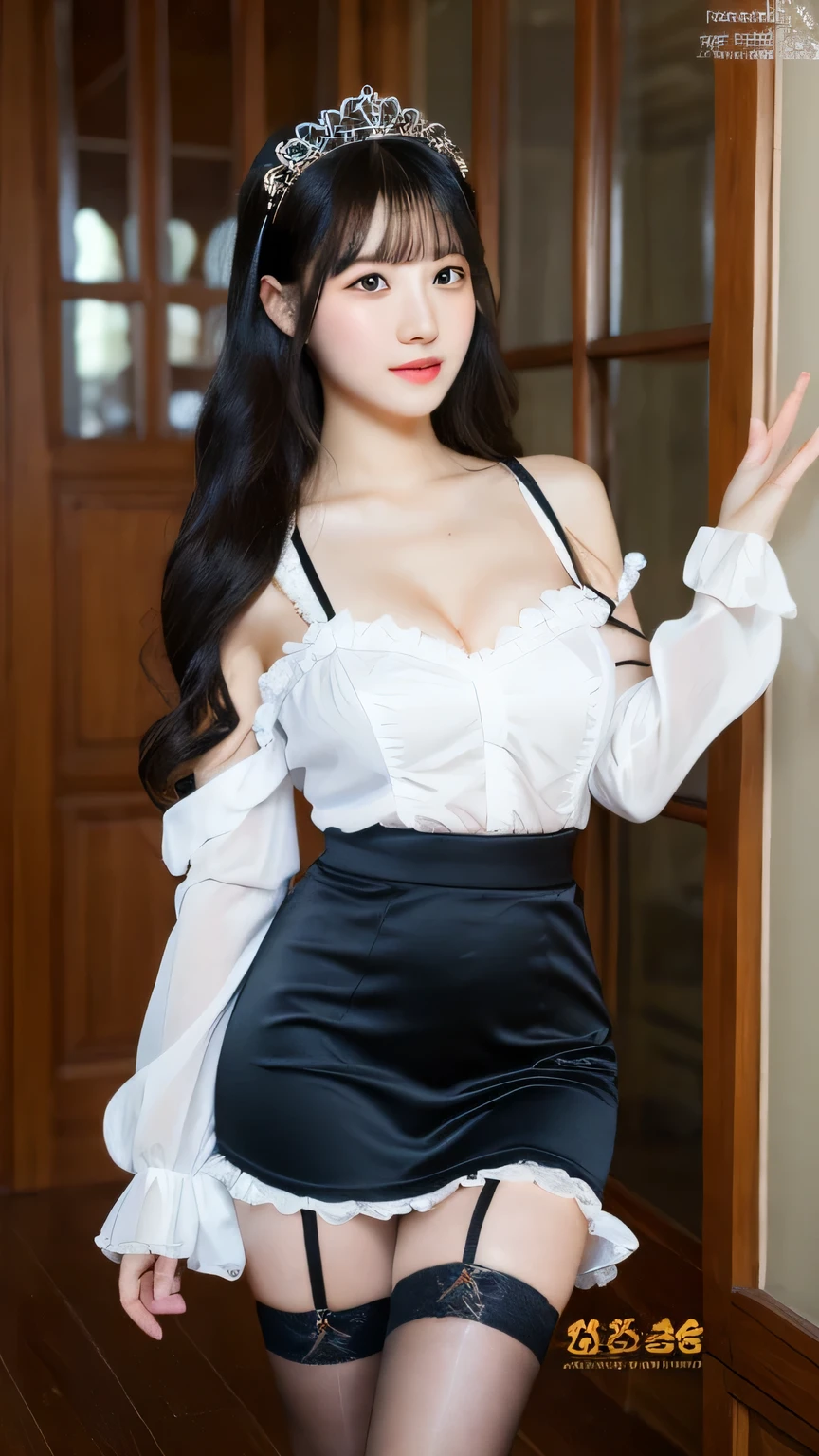 best quality,Very detailed,masterpiece,Extremely detailed,illustration,black hair ,Hair accessories,Standing,indoor,incredible_absurd,1 Girl,Medium breasts,nose blushing ,Practical,long hair,summer_skirt,Garter,,waving sv98