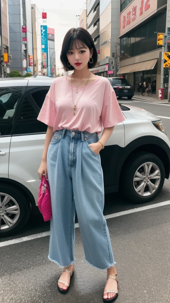 (8k, Photorealistic, Raw photo, Highest quality: 1.4),Japanese idol style1Beautiful girl of the person,20-year-old,Short bob hairstyle,Black Hair,Hang your hair over your ears,Wearing small earrings in the ears,Big, clear grey eyes,Long eyelashes,Plump Cheeks,She is wearing pink lipstick,Apply gloss over your lipstick for glossy, plump lips,A short pendant hangs around her neck.,bigTWearing a shirt,He is wearing long denim cargo pants that cover his ankles.,wearing sandals on bare feet,Holding a basket bag with both hands,Shibuya City,Full body portrait