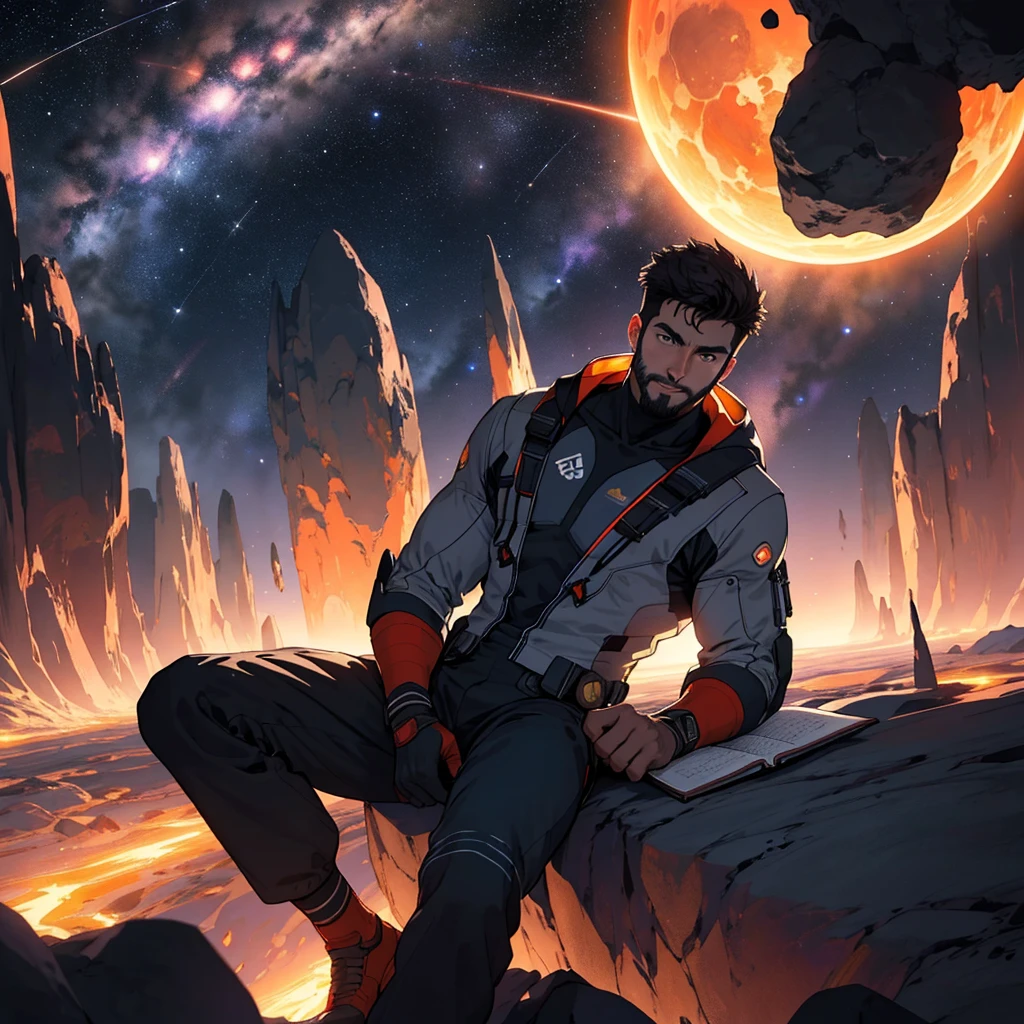 Draw a young programmer, sitting on a research platform floating in the middle of an asteroid belt. He is studying with a notebook, surrounded by several asteroids glowing with fiery auras. Dramatic lighting from distant stars and planets illuminates the scene, casting deep shadows on the suit. The young man looks confident and determined, looking at the vast and mysterious universe with wonder and respect,facial hair, cowboy shot,