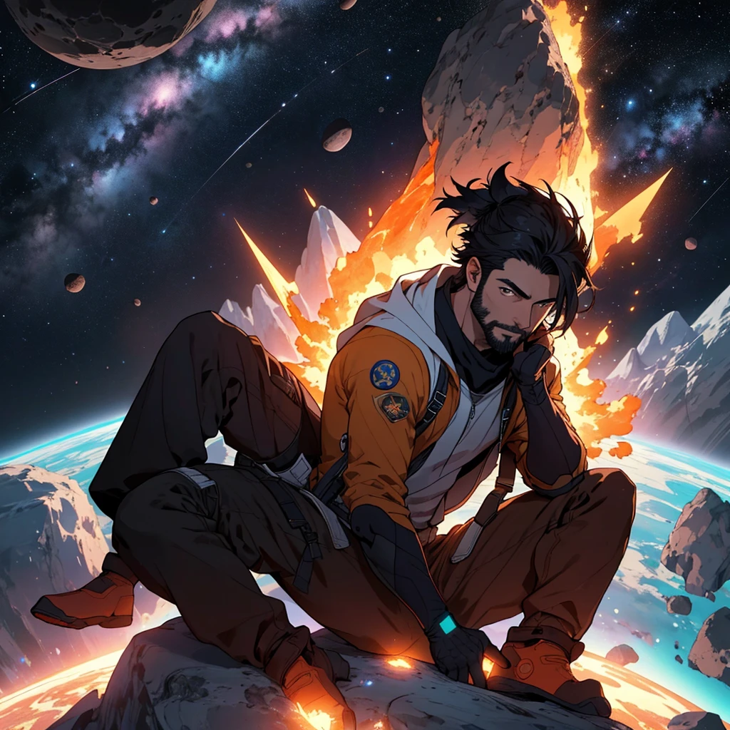 Draw a young programmer, sitting on a research platform floating in the middle of an asteroid belt. He is studying with a notebook, surrounded by several asteroids glowing with fiery auras. Dramatic lighting from distant stars and planets illuminates the scene, casting deep shadows on the suit. The young man looks confident and determined, looking at the vast and mysterious universe with wonder and respect,facial hair, cowboy shot,