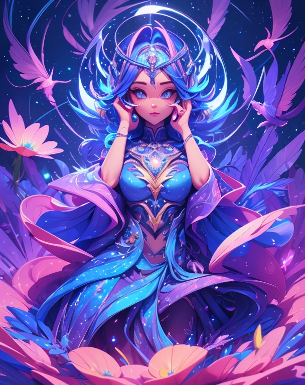 (high-res, vivid colors), blue bird alien, detailed feathers, sparkling eyes, alien landscape, vibrant colors, surreal atmosphere, glowing lights, otherworldly features, intricate patterns, dreamlike scenery