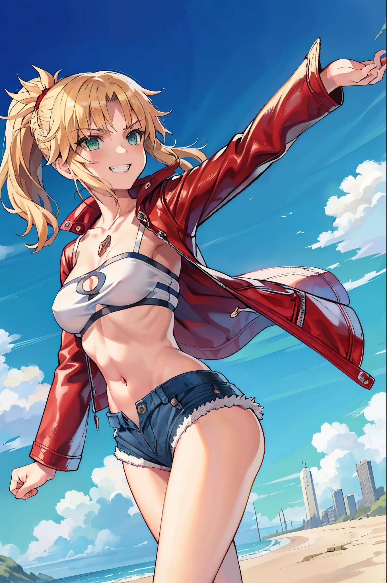 Masterpiece, Best Quality, illustration, city street, 1girl, Mordred \(fate\), cowboy shot, collarbone, Detailed blond hair ponytail braid, green eyes, Red leather jacket, White short blouse, denim shorts,navel,thigh-high,grin, covered_pussy,skiny,long_sword,