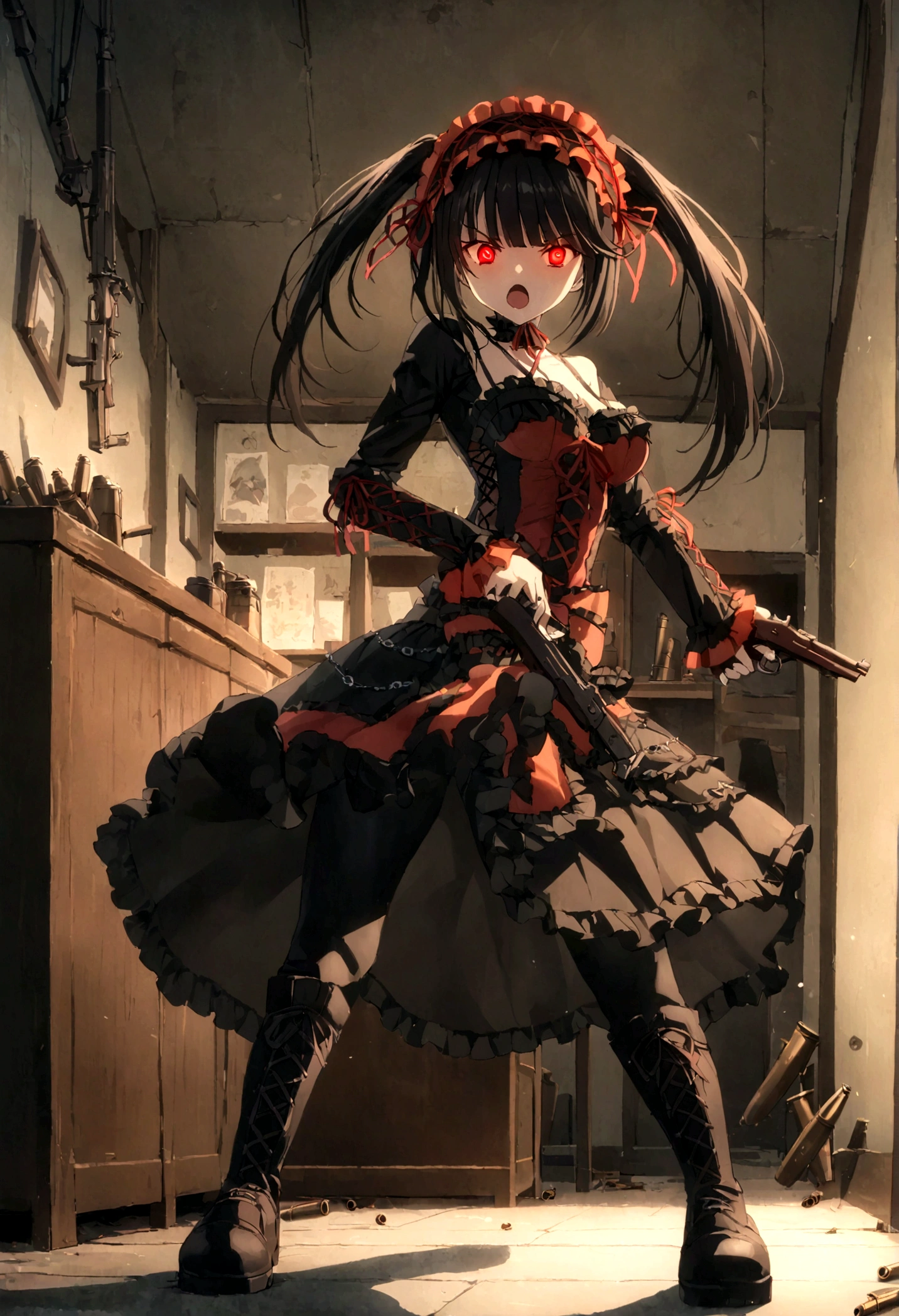 crazy, devil eyes, Tokisaki Kurumi, holding guns, bullets, full body, dark class room