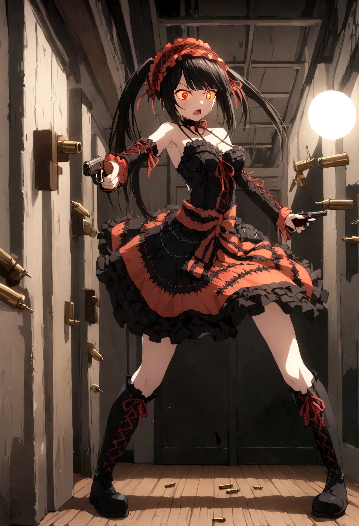 crazy, devil eyes, Tokisaki Kurumi, holding guns, bullets, full body, dark class room