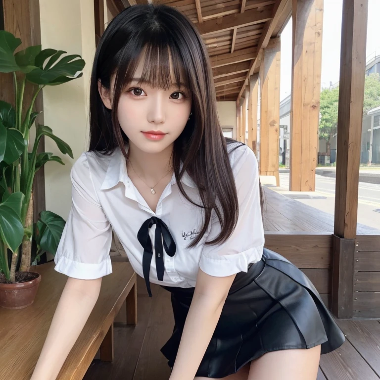 ((highest quality)), ((masterpiece)), (detailed), One girl, Japanese Beauty、Medium Hair、Shiny Hair、Black Hair、camisole、Flared mini skirt、Natural light、Cafe