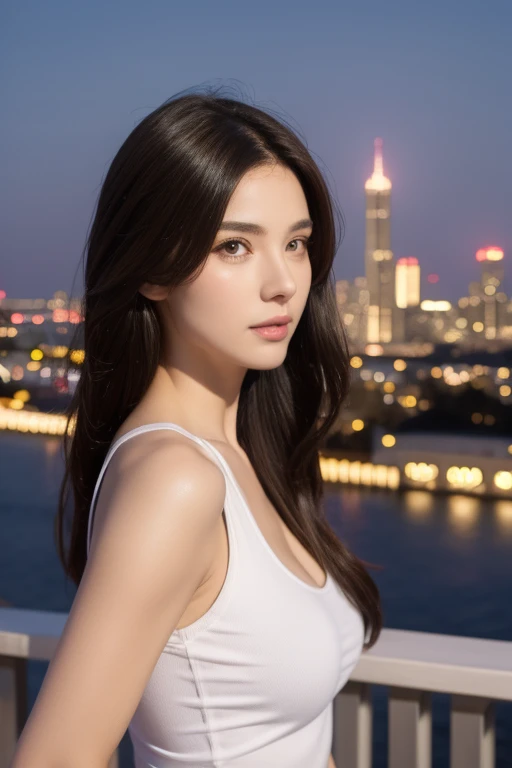 ((midnight, best quality, 8K, masterpiece :1.3)), whole body, Long legs, Clear focus :1.2, Beautiful woman with perfect body :1.4, Slim abs :1.1, ((Dark brown hair, Large Breasts :1.2)), (White Tight Tee), ((City night scene, roof:1.3)), Highly detailed face and skin textures, delicate eyes, Double eyelids, Cleavage exposed, Casual sexy pose