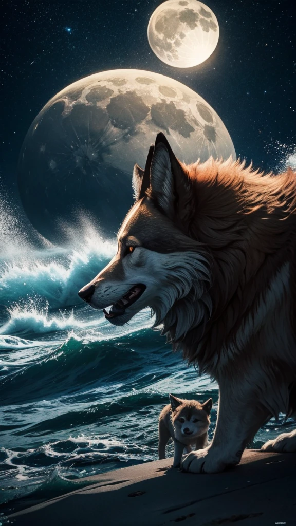 Um lobo sentando em uma montanha uivando para a lua em noite de lua cheia, no estilo impressionista de Claude Monet, usando tons ricos e suaves , diffuse lighting.