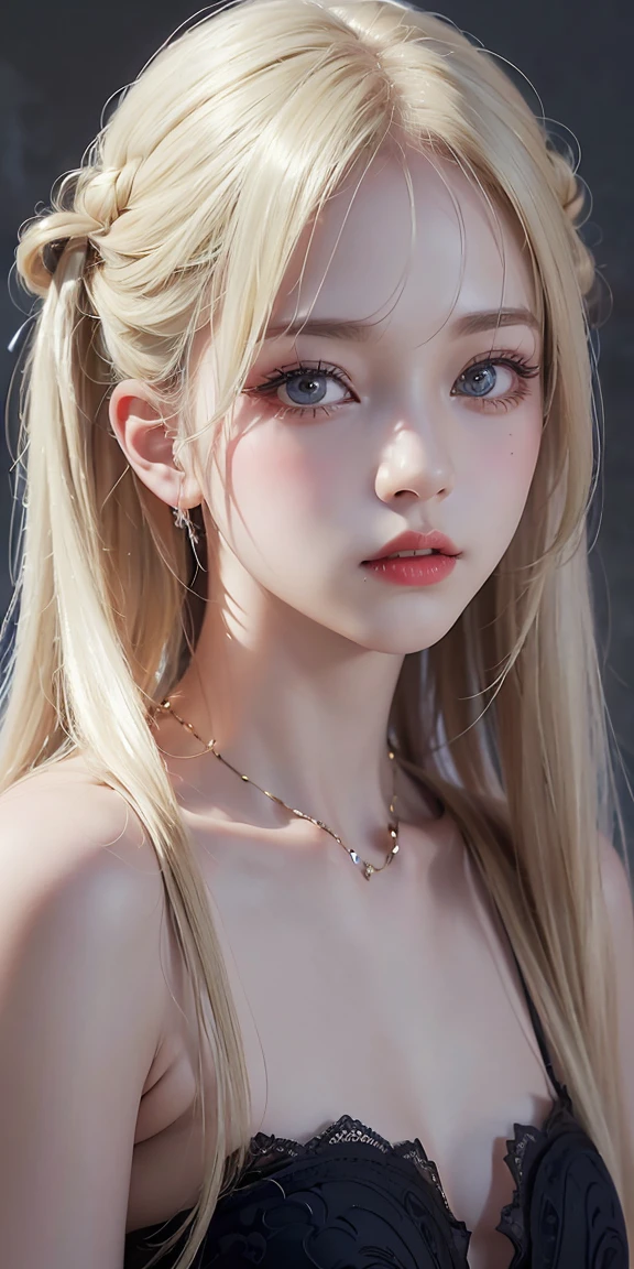 (8k, 4k, best quality, highres, ultra high res:1.1), (masterpiece, realistic, photo-realistic:1.1), 1girl, face, close-up, twintails, blonde hair, black eyes, red lips, (looking at viewer:2), absurdly long hair, long eyelashes, eyeshadow, small face, big eyes, bare shoulders, high contrast,