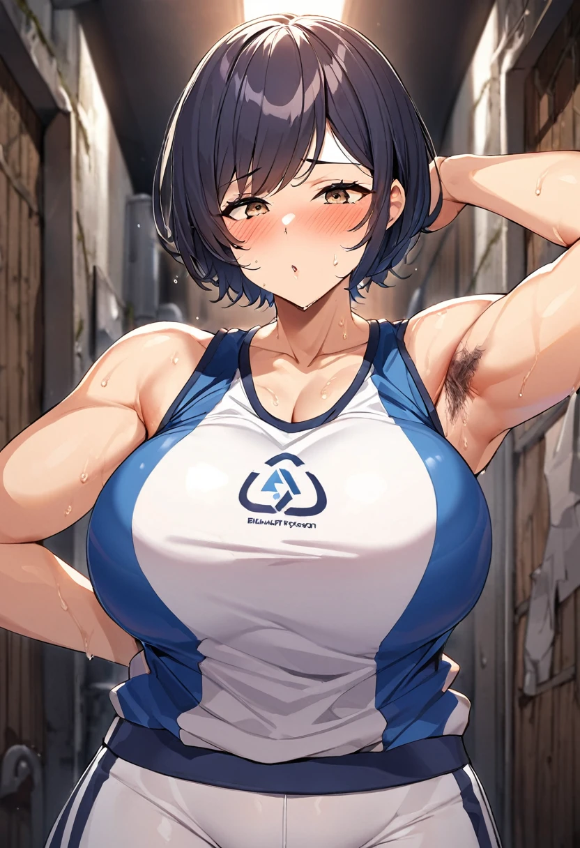 (nsfw),sharp focus,ultra detailed,(nsfw),upper body,medium short hair,saggy big breasts,(blushed:1.3),(track uniform),(,lifted logo printed vest,short gym pants:1.3),20 years old,(armpit hair:1.1),standing in back alley,curvy body,cute seductive girl,muscular curvy body,sweaty,undressing,