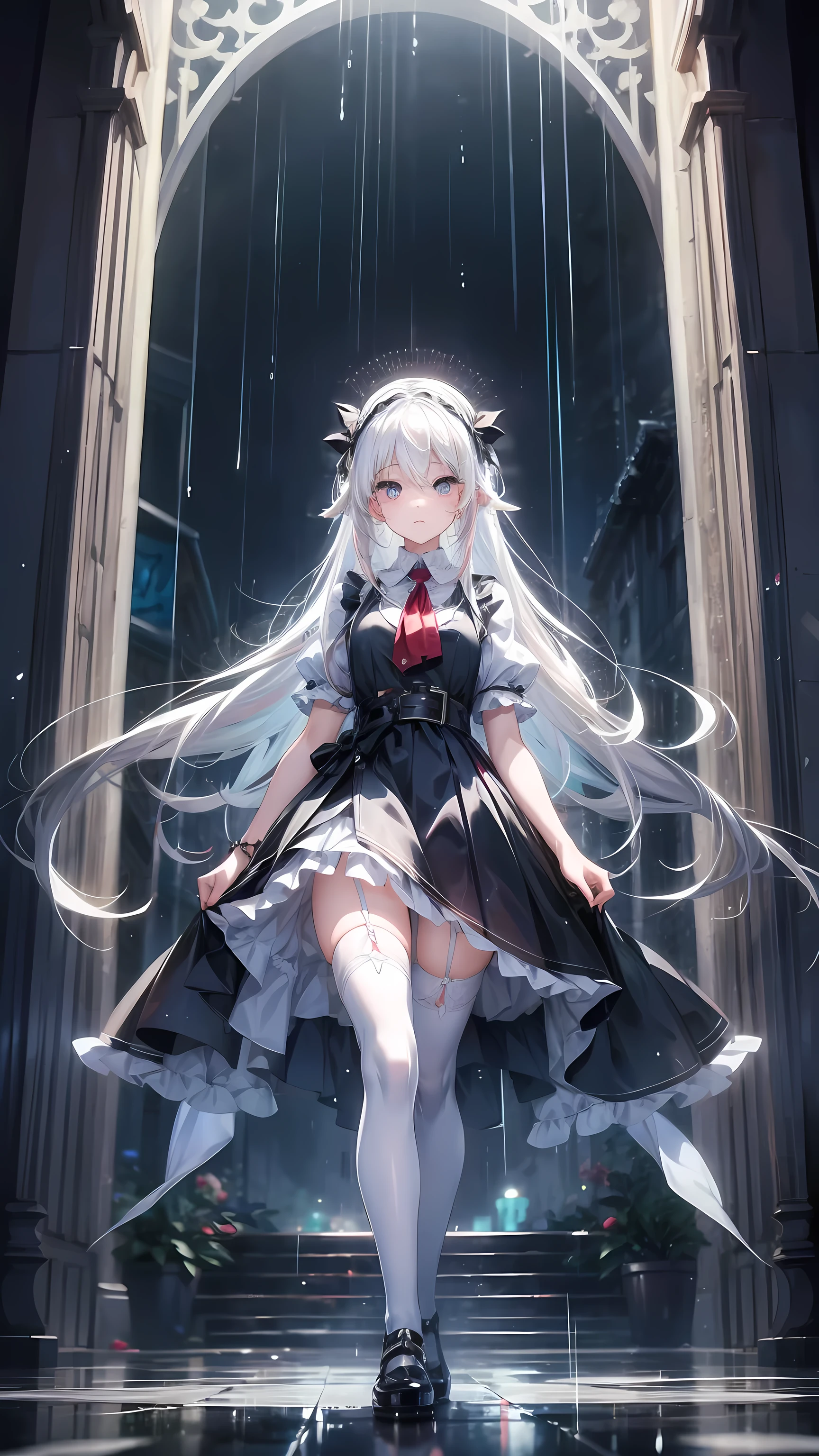 ,twin,white hair,stocking,Become a,rain,of the night city