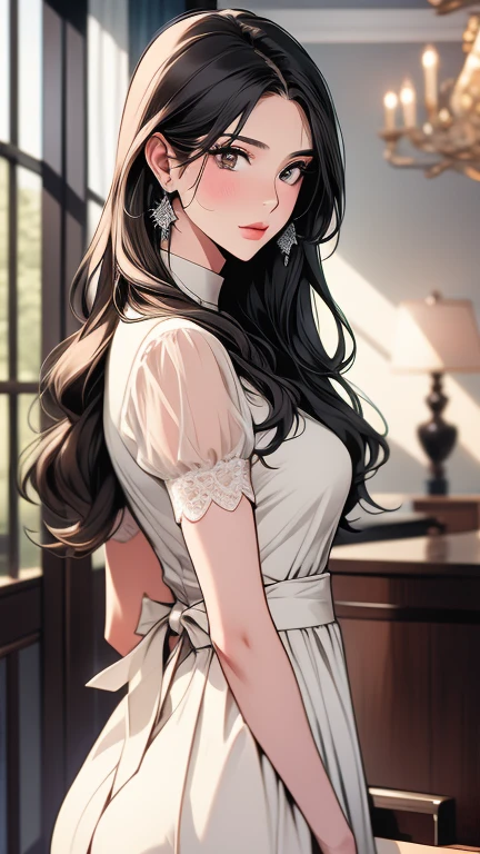 (((highest quality))),(((masterpiece))),(((detailed))),(((On High Resoluti))),(((Beautiful and beautiful work: 1.5))),(Ultra High Resoluti),(((Detailed background)))8K, RAW photo, highest quality,32K,masterpiece,hyper hd,Delicate and beautiful hair, eyes and face,((hotel room)),beautiful face,((blush, Sweat)), Clear white sk,(maid costume),(ultra detail, facial)