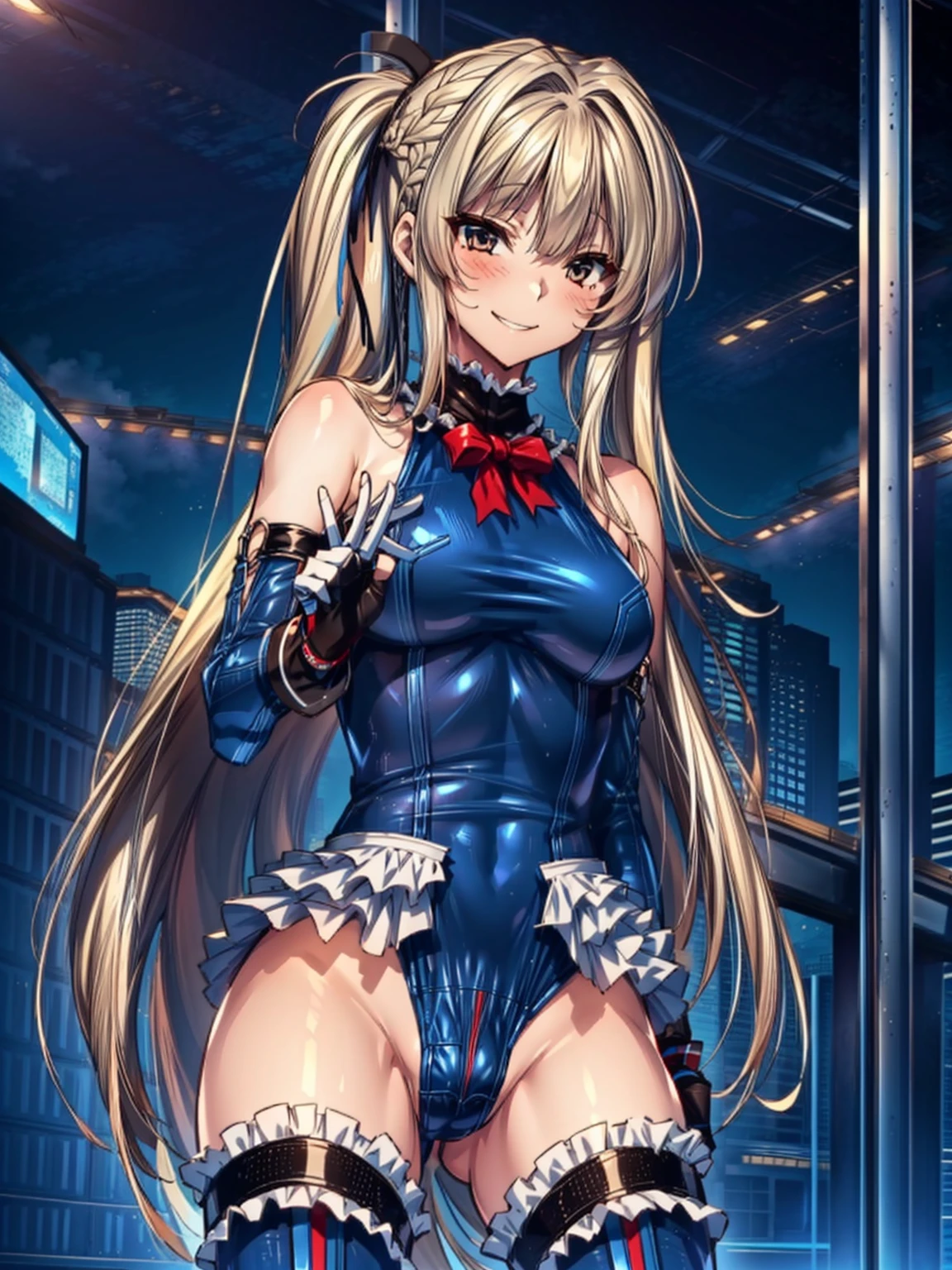 best masterpiece, ultra detailed, best quality, sharp focus, 12K, super high resolution picture, big tits,4K,Perfect Anatomy, highest quality, Marie Rose,Wicked Smile,Provocative attitude
,,Wicked Smile,Anime Style,(Ruffled swimsuit, Knee socks, Removed sleeve), (Anime Style:1.4) ,
,(White fingers:1.1,Black gloves),
Hollow Eyes,,1 Girl、(In the research facility),,(very long hair:1.6),(full body:1.4),(Tube connected to the crotch:1.8),nsfw