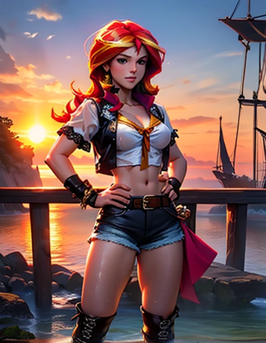 score_9, score_8_up, score_7_up, score_6_up, score_5_up, score_4_up, (Sunset Shimmer from equestria girls), solo, 1girl, sunset shimmer focus, movie accurate equestria girls, detailed, naked under clothes, nsfw, beautiful, female, vector, medium breasts, abs, vulva, full view of body, on pirate ship, wearing tight white shirt, wearing tall boots, leather belts, hands on hips, wet shirt against breasts, low cut pirate shirt, renaissance clothes, loosely laced shirt, loosely laced shorts, lace shirt, leather shorts