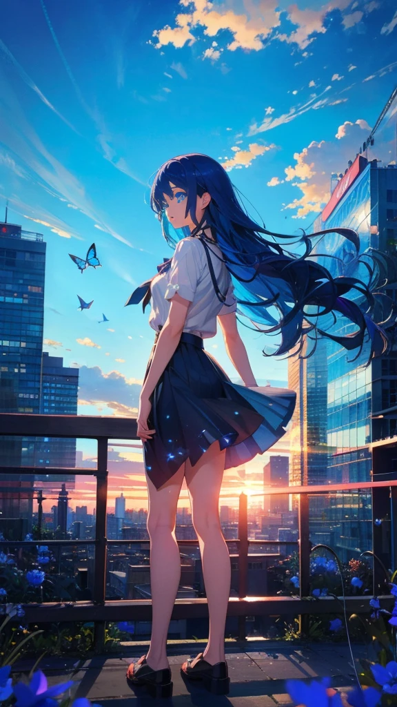 1 anime girl, alone,blue hair,Blue shining jewel eyes,Black petals flutter, A mysteriously shining butterfly.blue sky,city,Vivid blue hair,bright blue jewel eyes,thin legs,cloudy sky,very clear,highest quality,Are standing,Straight Hair,morning,Mid-length skirt,City of Sunsets,Looking up at the sky,Huge tower