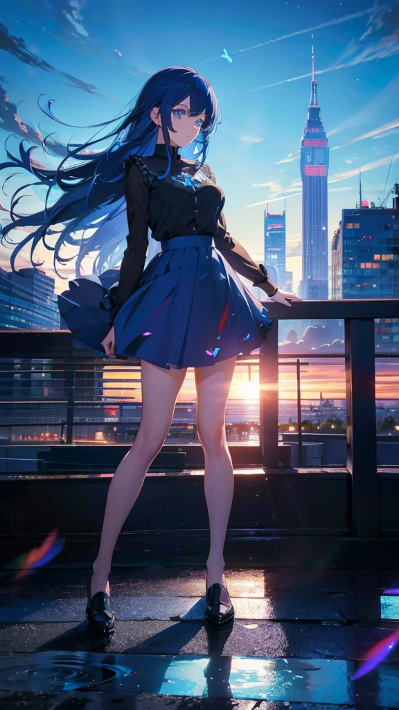 1 anime girl, alone,blue hair,Blue shining jewel eyes,Black petals flutter, A mysteriously shining butterfly.blue sky,city,Vivid blue hair,bright blue jewel eyes,thin legs,cloudy sky,very clear,highest quality,Are standing,Straight Hair,morning,Mid-length skirt,City of Sunsets,Looking up at the sky,Huge tower