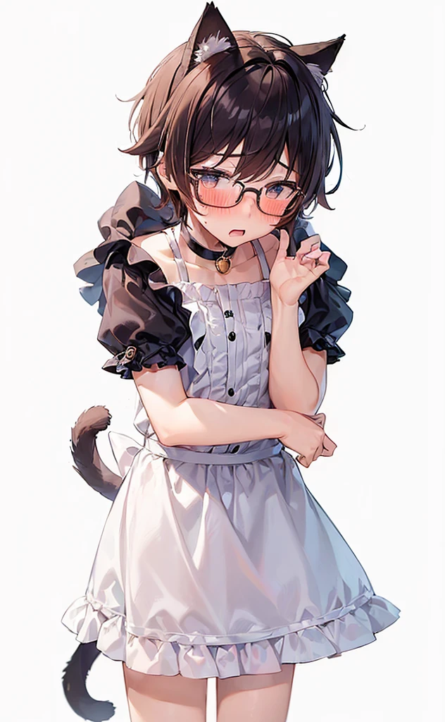 (((Boy with cat ears))), 8k, ((best quality)), 7 yease old, very cute, orange hair, (((very blush))), Wear glasses, 