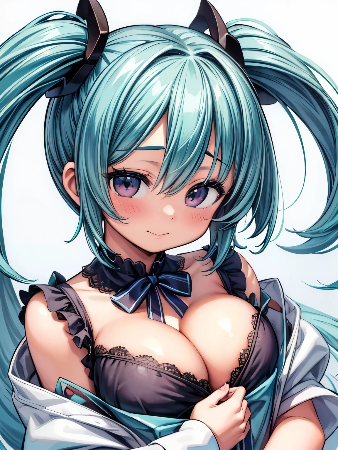 (masterpiece、highest quality、highest quality、Official Art、Beautiful and beautiful:1.2)、(One girl:1.3)Hatsune Miku、Twin tails,Beautiful ,Stickers、おっぱいのStrs、Baby Face、From the side、(((Super close-up of the chest、huge 、Cleavage、I raw the chest)))、Depiction of only the chest、Laugh with your mouth wide open、Succubus、Simple Background、White background、