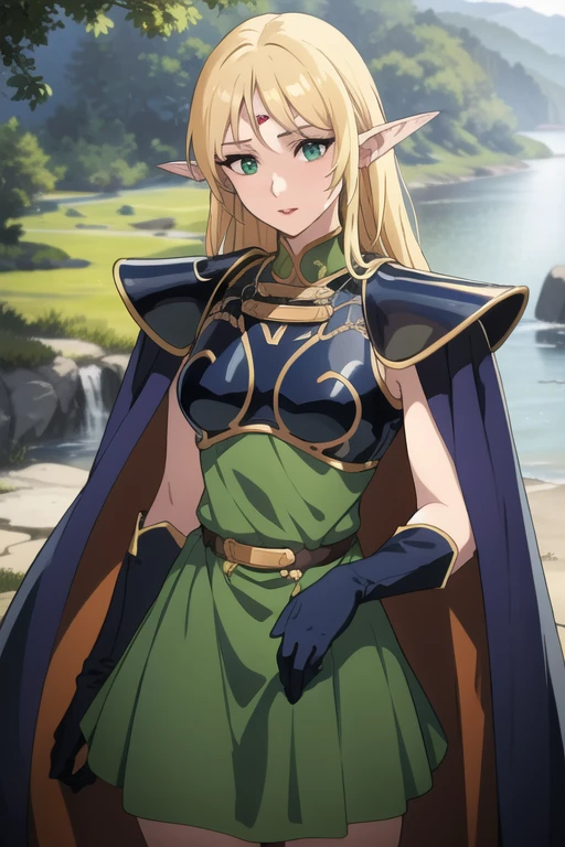 masterpiece, best quality, 1girl, solo, scenery, cowboy shot,
ANI_CLASSIC_deedlit_ownwaifu, www.ownwaifu.com, 
pointy ears, blonde hair, long hair, elf, circlet, green eyes, long pointy ears, very long hair, breasts, medium breasts, earrings, lips, makeup, bangs, 
cape, armor, blue cape, shoulder armor, pauldrons, gloves, breastplate, belt, green dress, short dress, 
