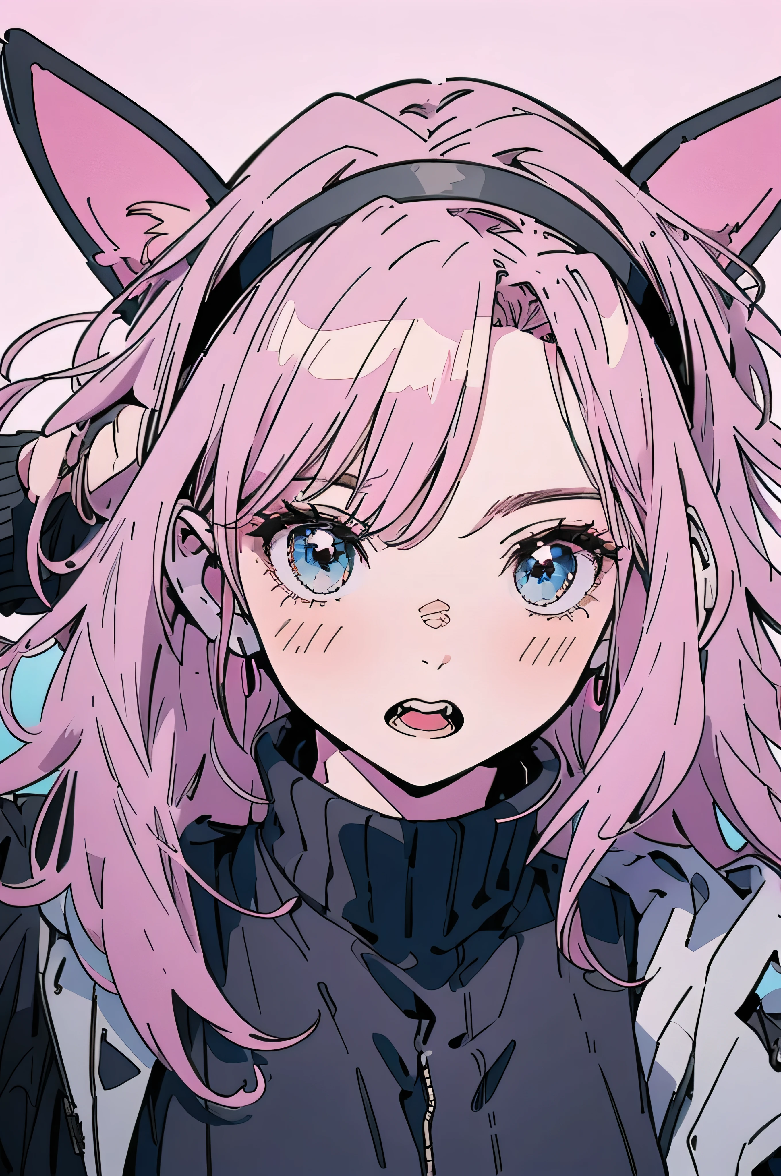 Pink Hair,Black clothes,White Background,Facing left front,Surprised expression,Bunny ears,with headband,Double Tail