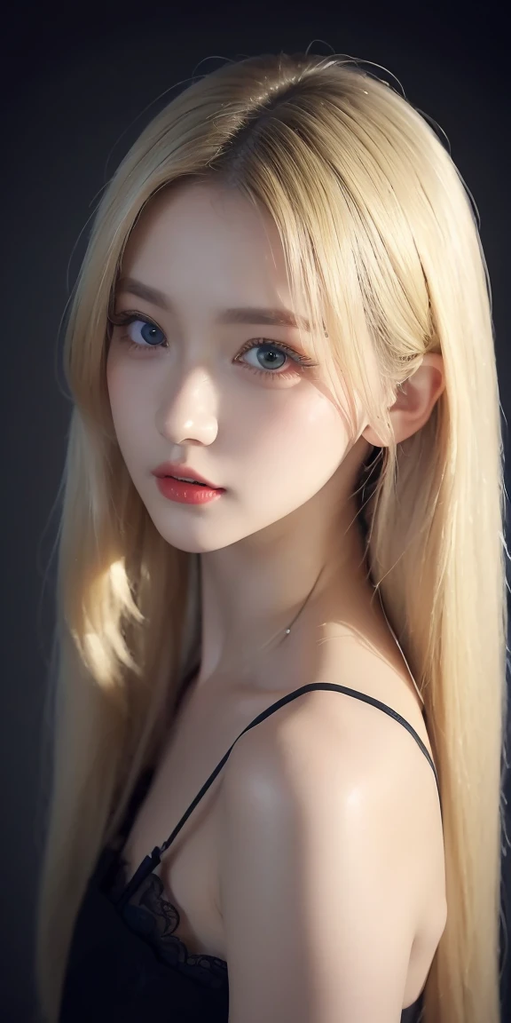 (8k, 4k, best quality, highres, ultra high res:1.1), (masterpiece, realistic, photo-realistic:1.1), 1girl, face, close-up, twintails, blonde hair, black eyes, red lips, (looking at viewer:2), absurdly long hair, long eyelashes, eyeshadow, small face, big eyes, bare shoulders, high contrast,

