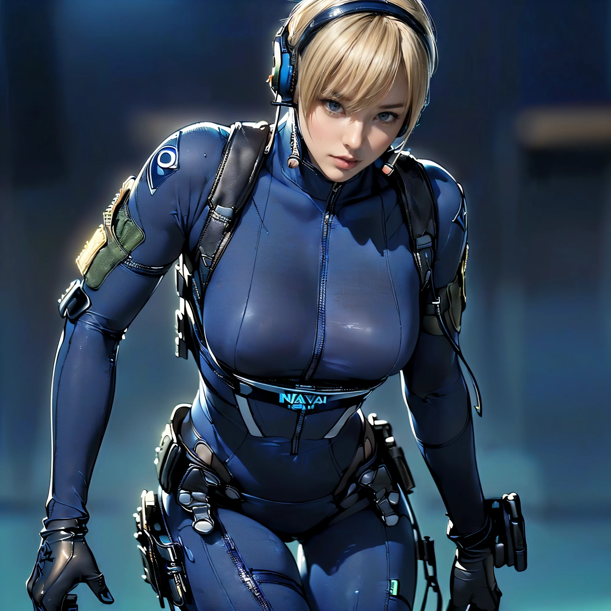 (One Woman),(((Future female police officer standing))),((Navy blue tactical bodysuit:1.5)),((headset:1.5)),((Tactical Holster:1.5)),(gloves:1.5),(Severe:1.5),(Super Short Hair:1.5),(blonde:1.5),(Beautiful Eyes:1.3),(Very detailedな顔:1.5),((Very detailedな女性の手の描画:1.5)),((Muscular:1.5)),(Sexy Looks:1.5),((Thick thighs:1.5)),(Beautiful body:1.5),((Very sensual:1.5)),(The background is a futuristic city:1.5),(Cyberpunk atmosphere:1.5),(((Blur the background:1.5))),(Written boundary depth:1.5),break(((masterpiece:1.5),(highest quality:1.5),(Very detailed:1.5),(High resolution:1.5),(Realistic:1.5),(Realistic:1.5),(Delicate depiction),(Careful depiction))),8k,wallpaper
