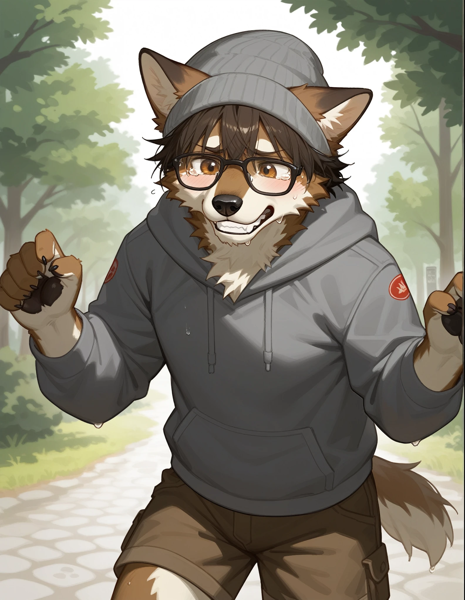 Solo, score_9,score_8_up,score_7_up, source_furry, an Anthro furry brown wolf male, brown eyes, black nose, black shaggy hair, wearing grey beanie, black glasses, grey hoodie, brown cargo shorts, hunched over, his clothes are all wet, he is soaking wet, he is wet:2, sad, tearing up, quivering lip, outdoors, at a park, arms hanging, teeth clenched, standing,