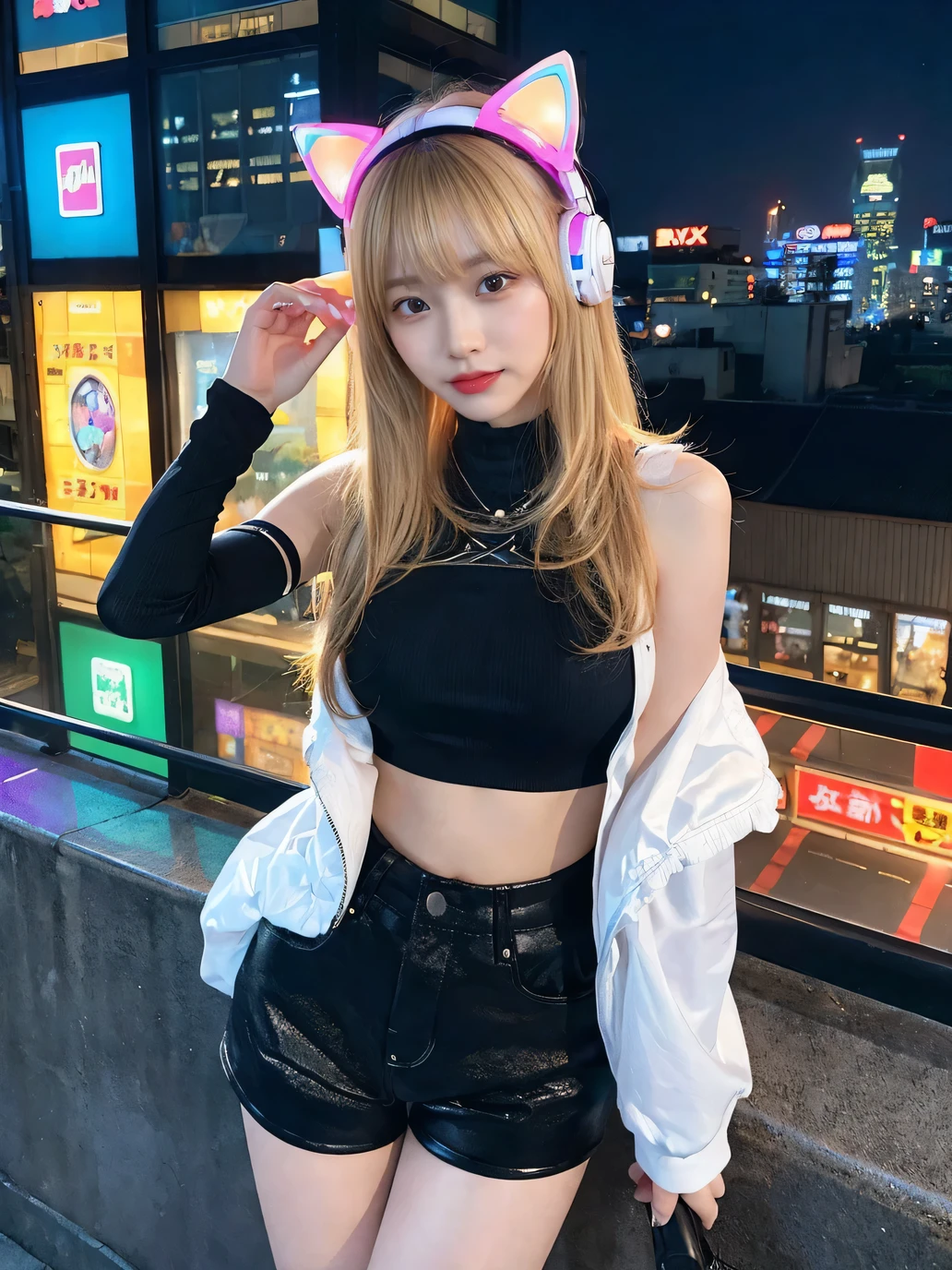 最high quality, masterpiece, 32k、Very detailed、Realistic、1 girl, Japanese women、Cute Face, (photo Actual:1.3),Bob Hair(Golden hair color、Blonde Hairstyles)、Edge lighting, (Skin with attention to detail:1.2), 8k超High resolution, Single-lens reflex camera, high quality, High resolution, 4K, 8k, Optimal ratio of four fingers to one thumb, (Actual:1.3), cute 1 girl, Realistic、Super Realistic、32k、Very detailed、masterpiece, 最high quality, beautiful girl, beauty、Mecha, Beautiful lighting, (Neon Light:1.2), (night:1.5), Sexy K-Pop Idol Costumes、Sexy and attractive sleeveless clothing、Shorts、Big Breasts(big 、There is a valley)、Cat ears microphone headphones(Headphones Gaming Headgear with Mic、Head Fan)、Are standing、Cyber Neon、Future City、Skyscraper、City night、Shanghai、big cities、night scene、綺麗なnight scene