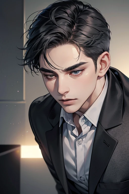 masterpiece, best quality, realistic, 1 man, mature man, quiet and charming young man, 31 years old, eyes closed, serious look, extremely detailed face, ((dark gray eyes)), ((short dark black swept to the right ) hair)), [thick eyebrows], ((businessman)), cinematic lighting, posture dynamics