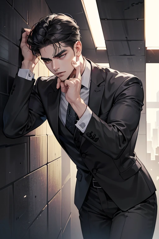 masterpiece, best quality, realistic, 1 man, mature man, quiet and charming young man, 31 years old, eyes closed, serious look, extremely detailed face, ((dark gray eyes)), ((short dark black swept to the right ) hair)), [thick eyebrows], ((businessman)), cinematic lighting, posture dynamics