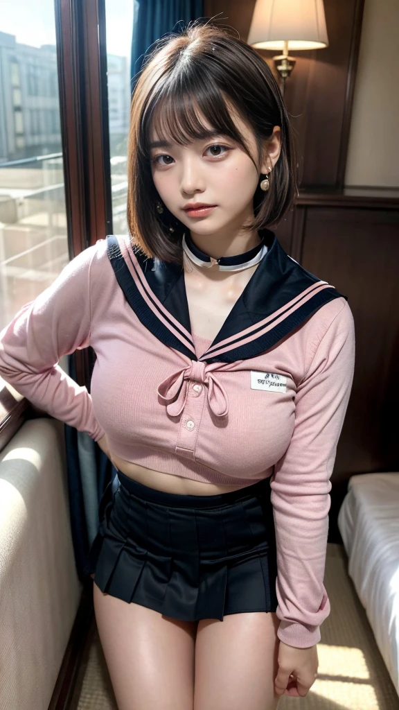 Masterpiece, Best-quality, RAW-photo, Ultra-High-Resolution, Photorealistic, bust up shot,
(Anatomically correct, 16-years-old, photographer's lover, She truly loves photographer, baby face, cute face, Perfect body, slim waist and busty body, Slender legs, plump breasts, Large breast, expresses the roundness and softness of your chest., Realistic skin),
((teat, Wear Pink sailor collar shirt, loose sleeves, black miniskirt:1.3)),
(maiko, Round face, Black hair, Moist eyes, Shining eyes, Short bob cut, Bangs, Down-slating eyebrows, one little earring, Light blush),
(See photographer, put your back against the wall),
(sad, facial expressions that seduce men),
(hotel room, on all fours),
Natural lighting, full length