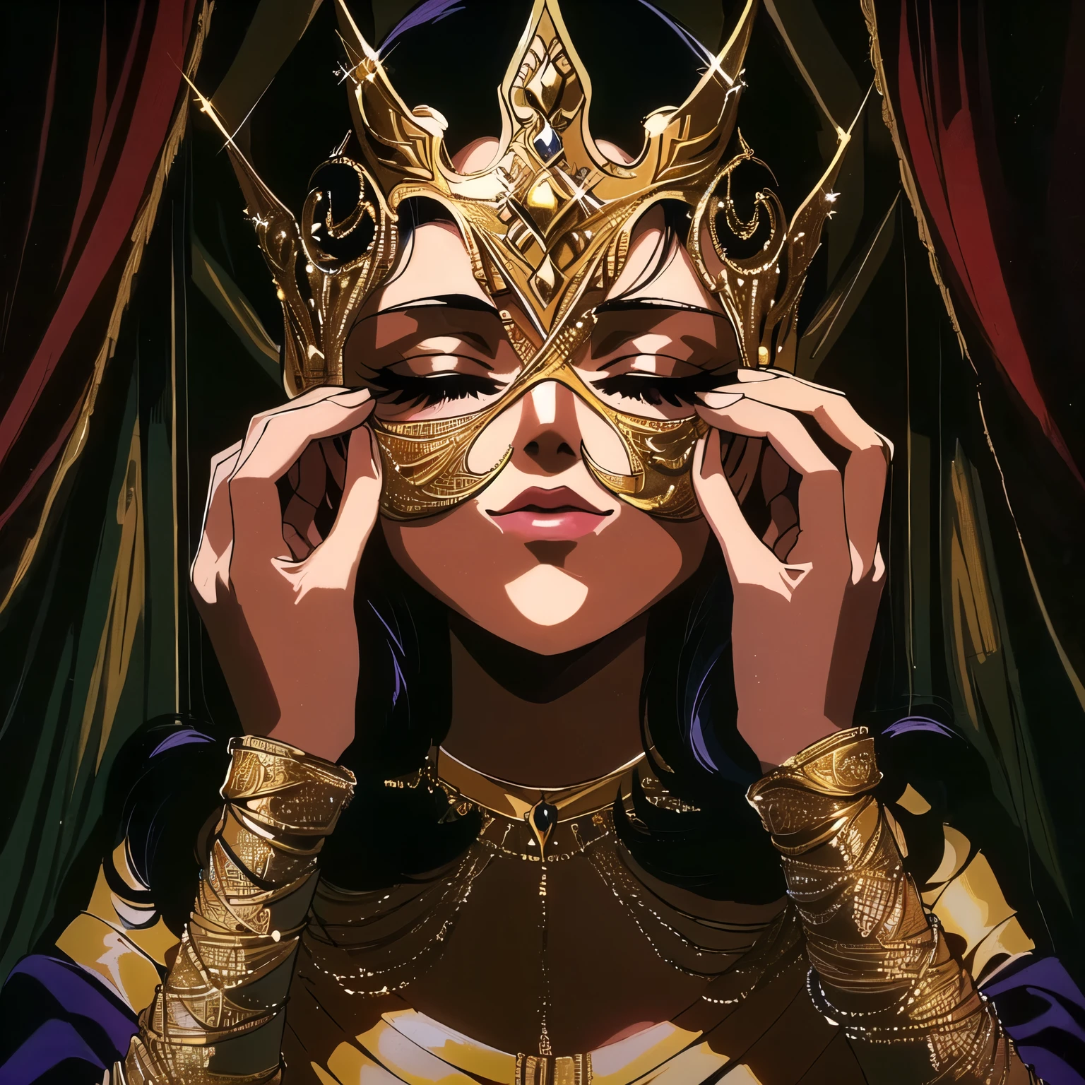 arafed woman in a gold mask and gold dress holding her hands to her face, 1990s (style), 1980s (style), retro artstyle, a girl,, best quality, masterpiece.