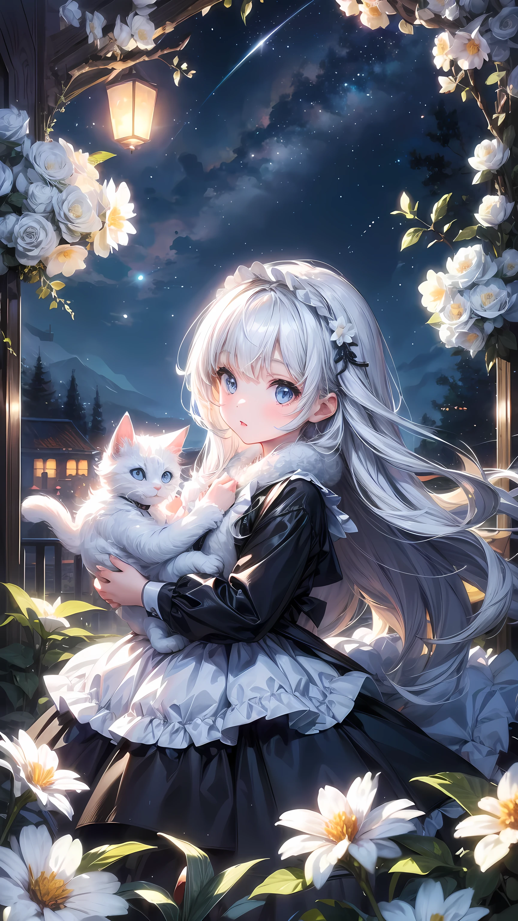 A little girl and a fluffy white kitten, Flowers, Sleep, Black long hair, night, Starry Sky