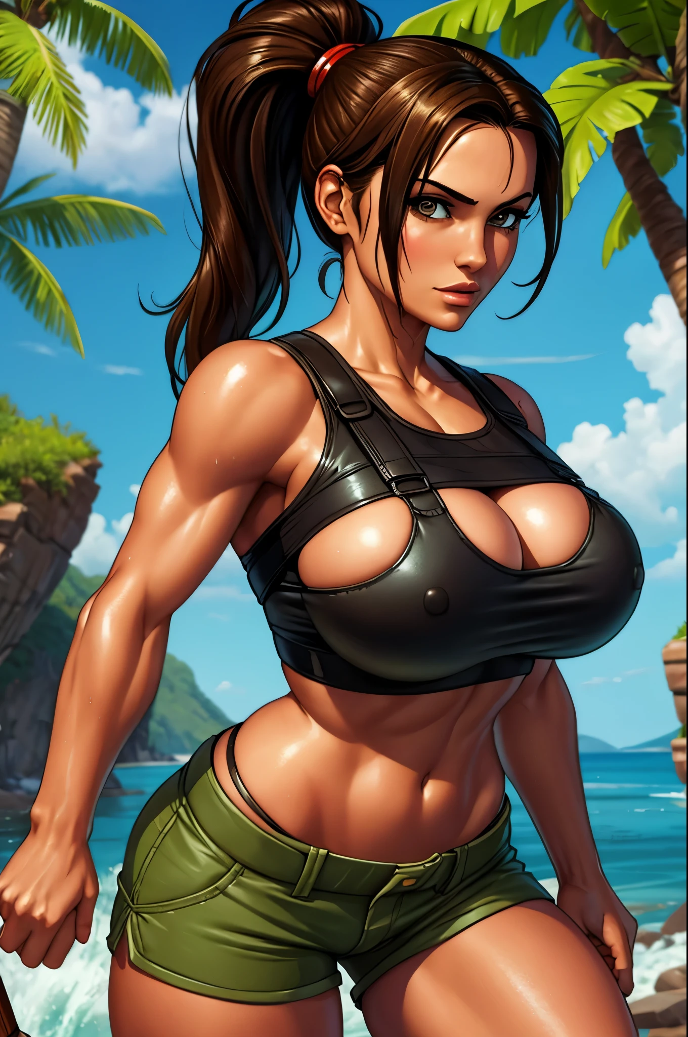lara croft, crop top, mini shorts, athletic, pony tail, underboob, wet and wild, jungle river