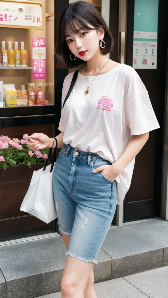 (8k, Photorealistic, Raw photo, Highest quality: 1.4),Japanese idol style１Beautiful girl of the person,20-year-old,Short bob hairstyle,Black Hair,Hang your hair over your ears,Wearing small earrings in the ears,Big, clear grey eyes,Long eyelashes,Plump Cheeks,She is wearing pink lipstick,Apply gloss over your lipstick for glossy, plump lips,A short pendant hangs around her neck.,Arch logo short sleeve bigＴWearing a shirt,He is wearing long denim cargo pants that cover his ankles.,wearing sandals on bare feet,A brown basket-shaped tote bag is hanging from her shoulder.,Shibuya City,Full body portrait