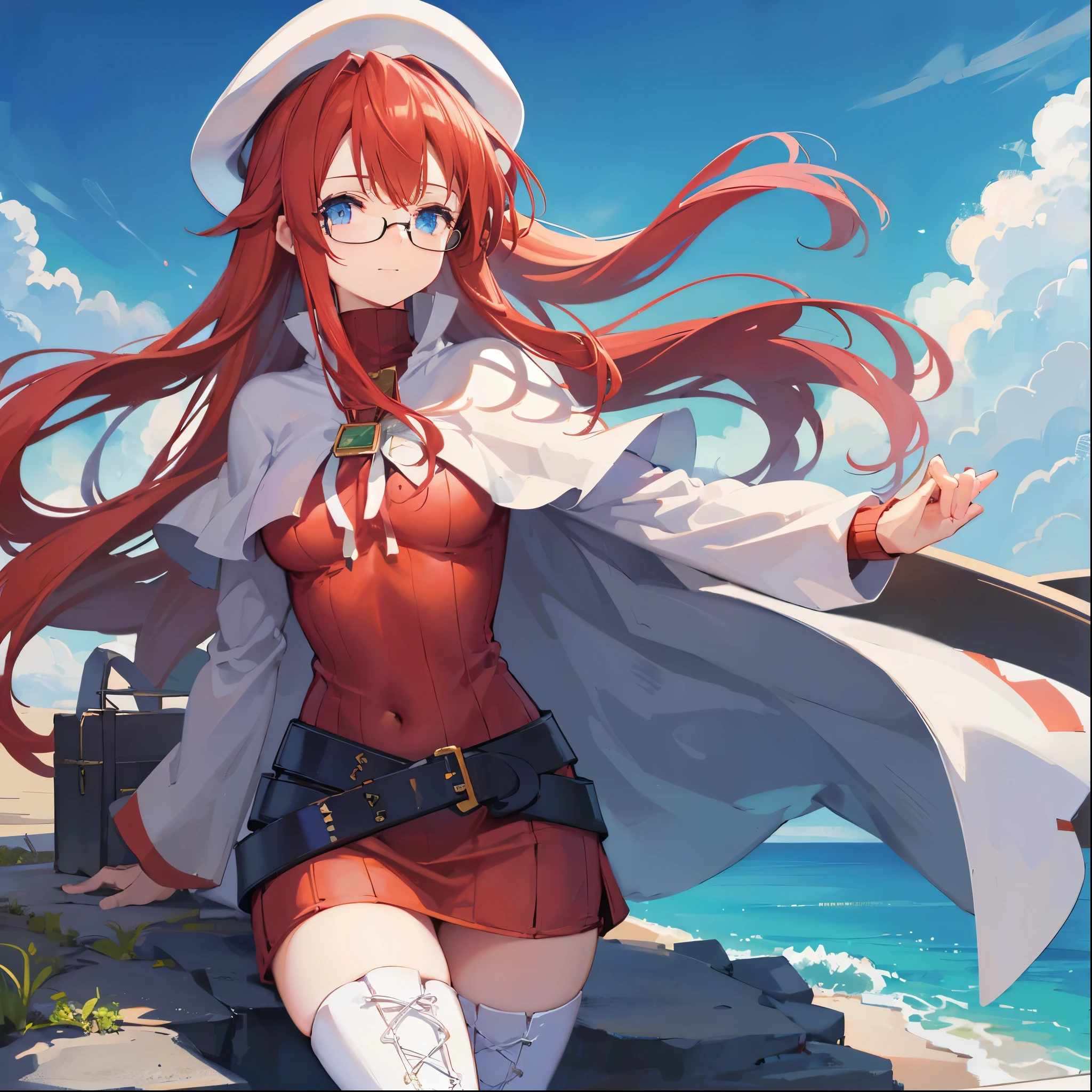 summonnightaty, aty, (young:1.3),long hair, blue eyes, red hair, big_berets, hat, glasses,
BREAK long hair, thighhighs, hat, dress, naked_legs, glasses, belt, cape, sweater, zettai ryouiki, beret, thigh boots, white footwear, ribbed sweater, loose belt,solo,
BREAK outdoors, fantasy,on_beach,
,Highquality_hads,perfect_fingers,
BREAK (masterpiece:1.2), best quality, high resolution, unity 8k wallpaper, (illustration:0.8), (beautiful detailed eyes:1.6), extremely detailed face, perfect lighting, extremely detailed CG, (perfect hands, perfect anatomy),covered_nipples,covered_navel ,half_eyes,long_sword,sleepy,standing,red_sweater,apart_knees,magical_effect,spread_legs, have_a_book,teacher,rise_knee,Smile,rise_hand,look_down_viewer,spread_arms,sea​_waves,looking_into,blue_sky,sitting,plump,