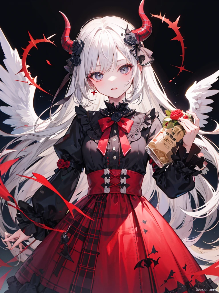 Detailed face、Detailed eyes、highest quality、Masterpiece、Official Art、The best composition、Award-winning works、vampire, tooth, Checked dress, Super gorgeous, Very detailed, Complex hairstyles, bow, changeta fashion, changeta style, Anime Girl Cosplay, change, cute, Cute as an angel, , portrait of changeta girl, Red plaid, And 2k, Y2K, Emo Style, fringe faction, Red plaid, Mine Girl, Harajuku Style, Exaggerated clothing, Elaborate decoration, Rock Style, Gothic style, Devil horns, A vine wrapped around my hand, thorn rose,Standing in front of the viewer、Character Design、Full-body portrait、Black and red rose fractal art：1.5、Holding a bottle filled with bright red liquid、