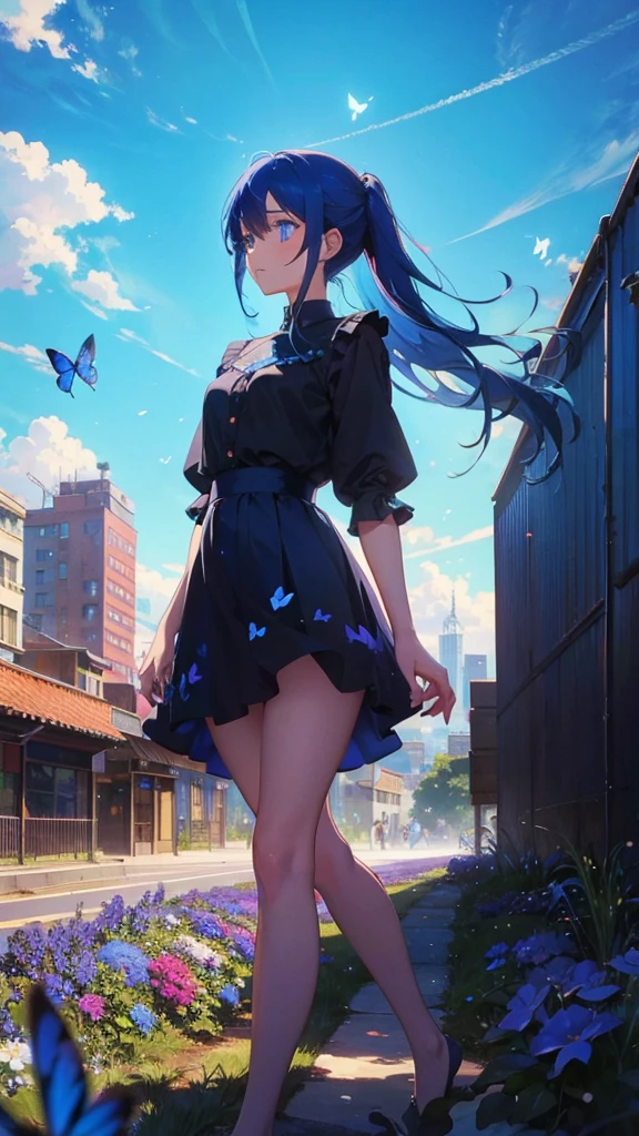 1 anime girl, alone,blue hair,Blue shining jewel eyes,Black petals flutter, A mysteriously shining butterfly.blue sky,city,Vivid blue hair,bright blue jewel eyes,thin legs,cloudy sky,very clear,highest quality,Are standing,Straight Hair,morning,Mid-length skirt,City of Sunsets,Looking up at the sky,profile,Look to the side