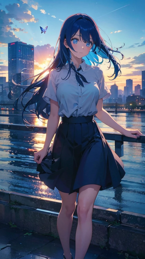 1 anime girl, alone,blue hair,Blue shining jewel eyes,Black petals flutter, A mysteriously shining butterfly.blue sky,city,Vivid blue hair,bright blue jewel eyes,thin legs,cloudy sky,very clear,highest quality,Are standing,Straight Hair,morning,Mid-length skirt,City of Sunsets,Looking up at the sky,profile,Look to the side