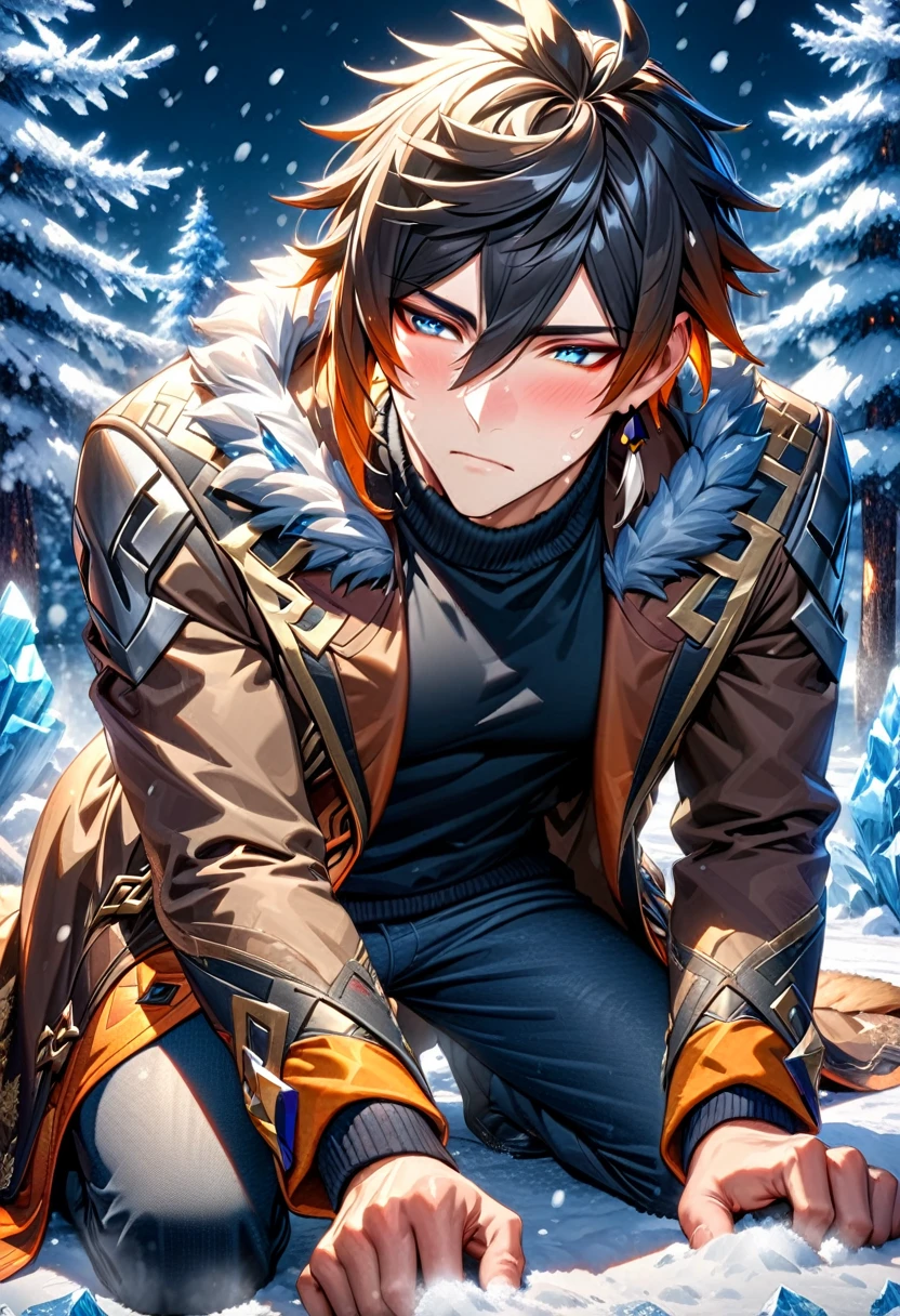 absurdres, highres, ultra detailed, HDR, master piece, best quality, extremely detailed face, Zhongli, black hair, expressive blue eyes, brown coat with fur, black sweater, solo, handsome, sexy man kneeling down on the snow, snowing, ice trees, snowflakes