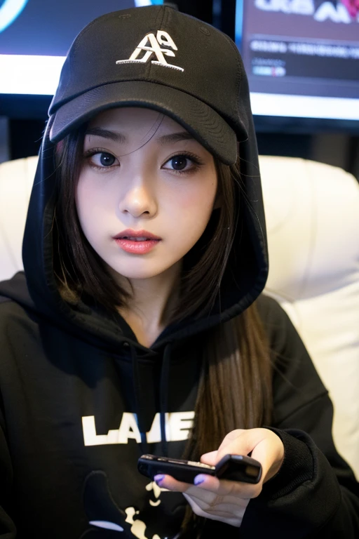 ((best quality)), ((masterpiece)), (detailed), 1girl, black hoodie, black cap , sitting on a gaming chair, beautiful straight black long hair , cute poses, cute gaze, playing mobile phone ,